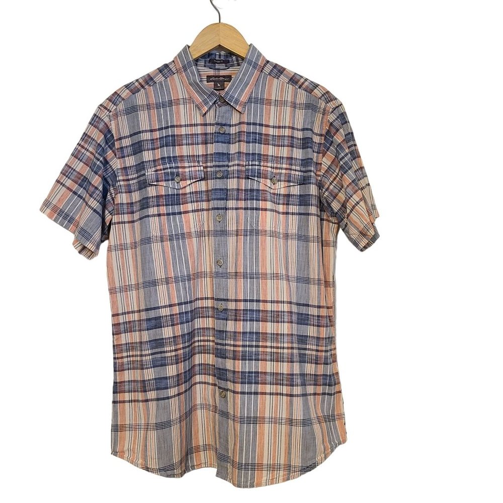 Eddie Bauer Short Sleeve Classic Fit Shirt Pond Blue Striped Plaid Size TL